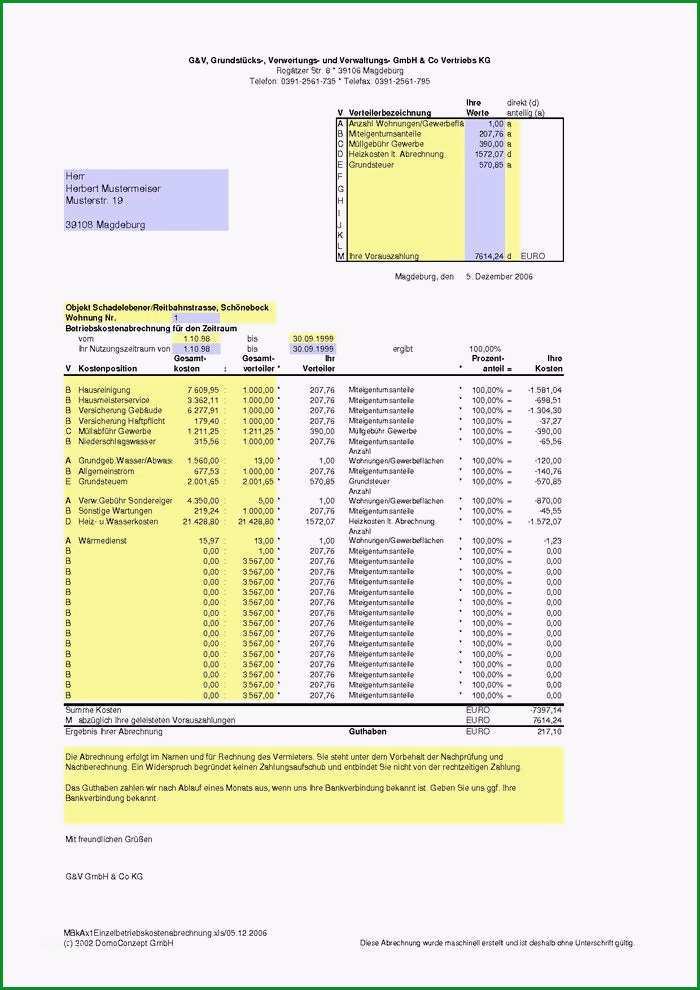 betriebskosten abrechnung mit excel