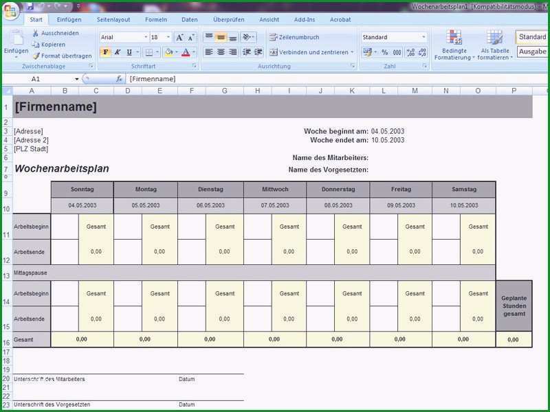 wochenarbeitsplan vorlage