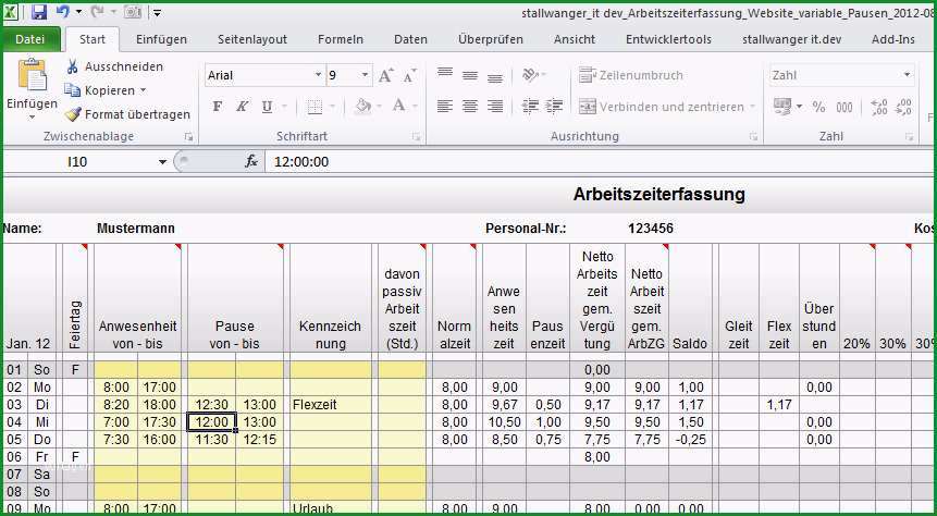 excel arbeitszeiterfassung