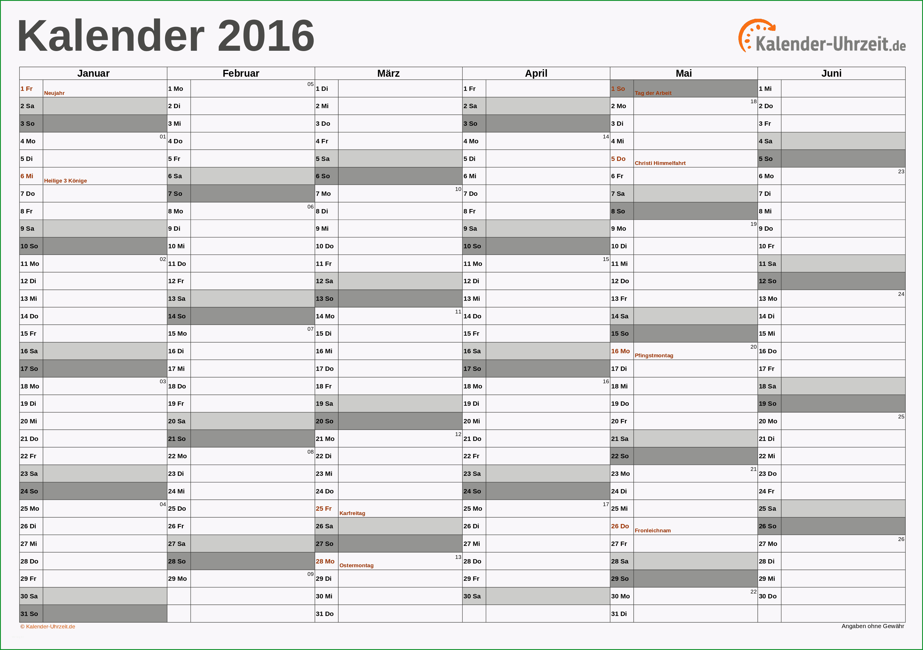 excel Monatskalender 2016 Excel Farben