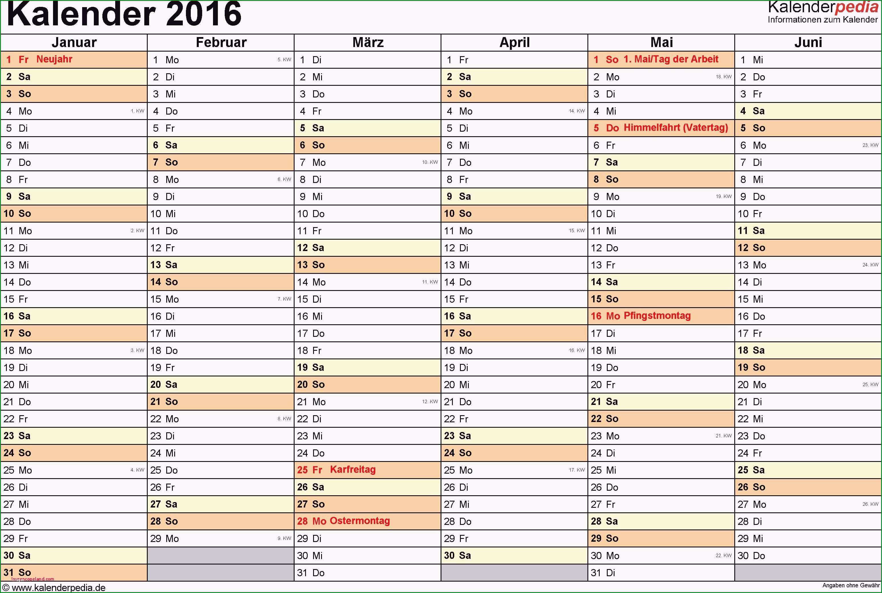 kalender 2016 excel kostenlos