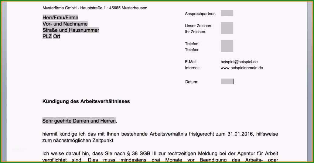 kundigungsschreiben arbeitsvertrag vorlage vorlage kundigung arbeitsvertrag freundlich kundigung