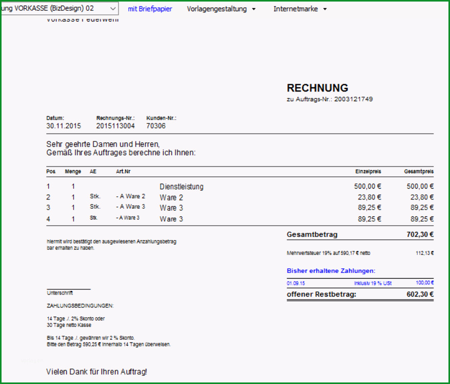 rechnung bar bezahlt muster 7409