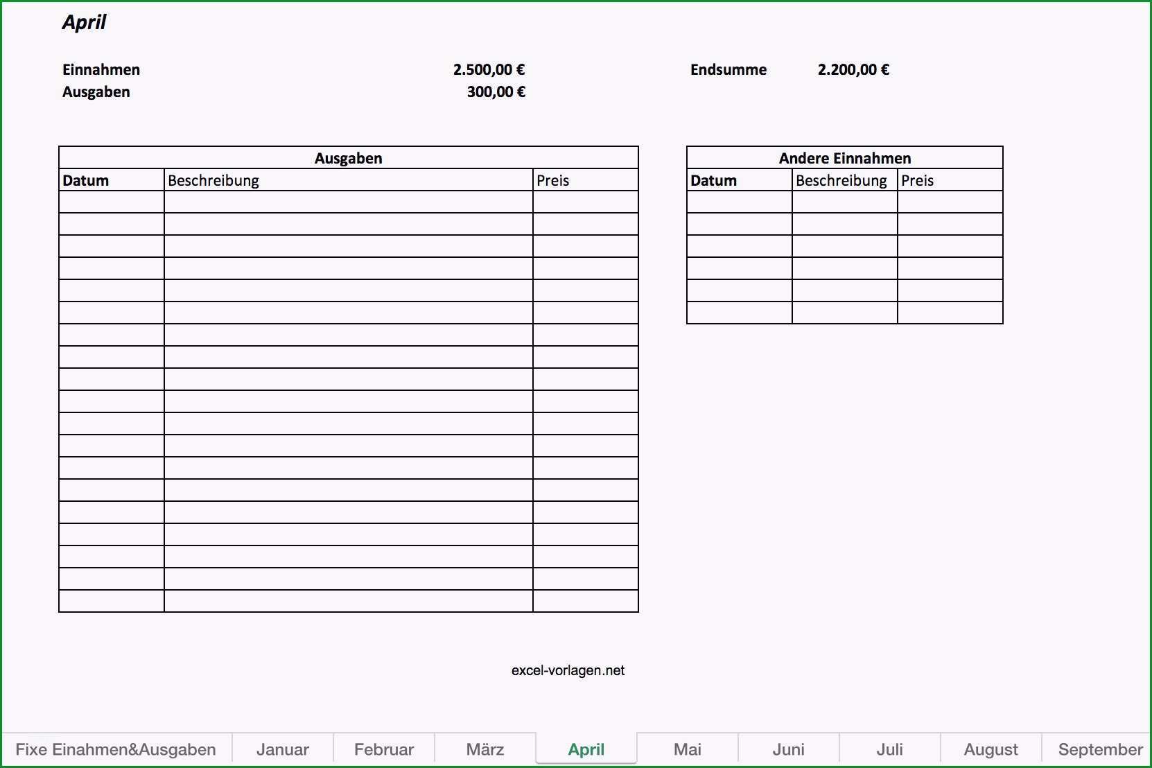 monatliche ausgaben tabelle vorlage