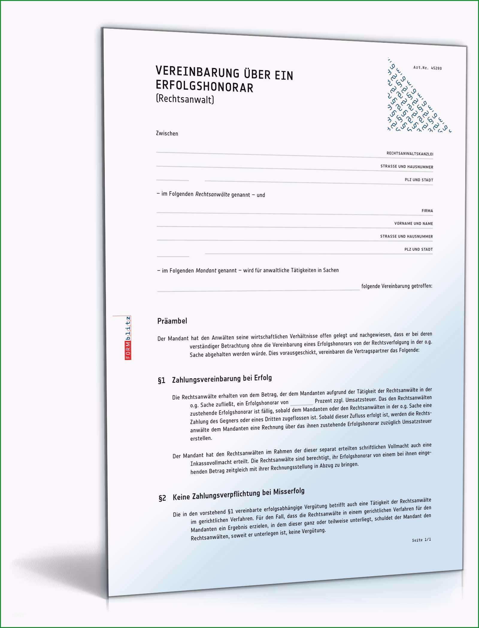 vereinbarung ueber ein erfolgshonorar rechtsanwalt