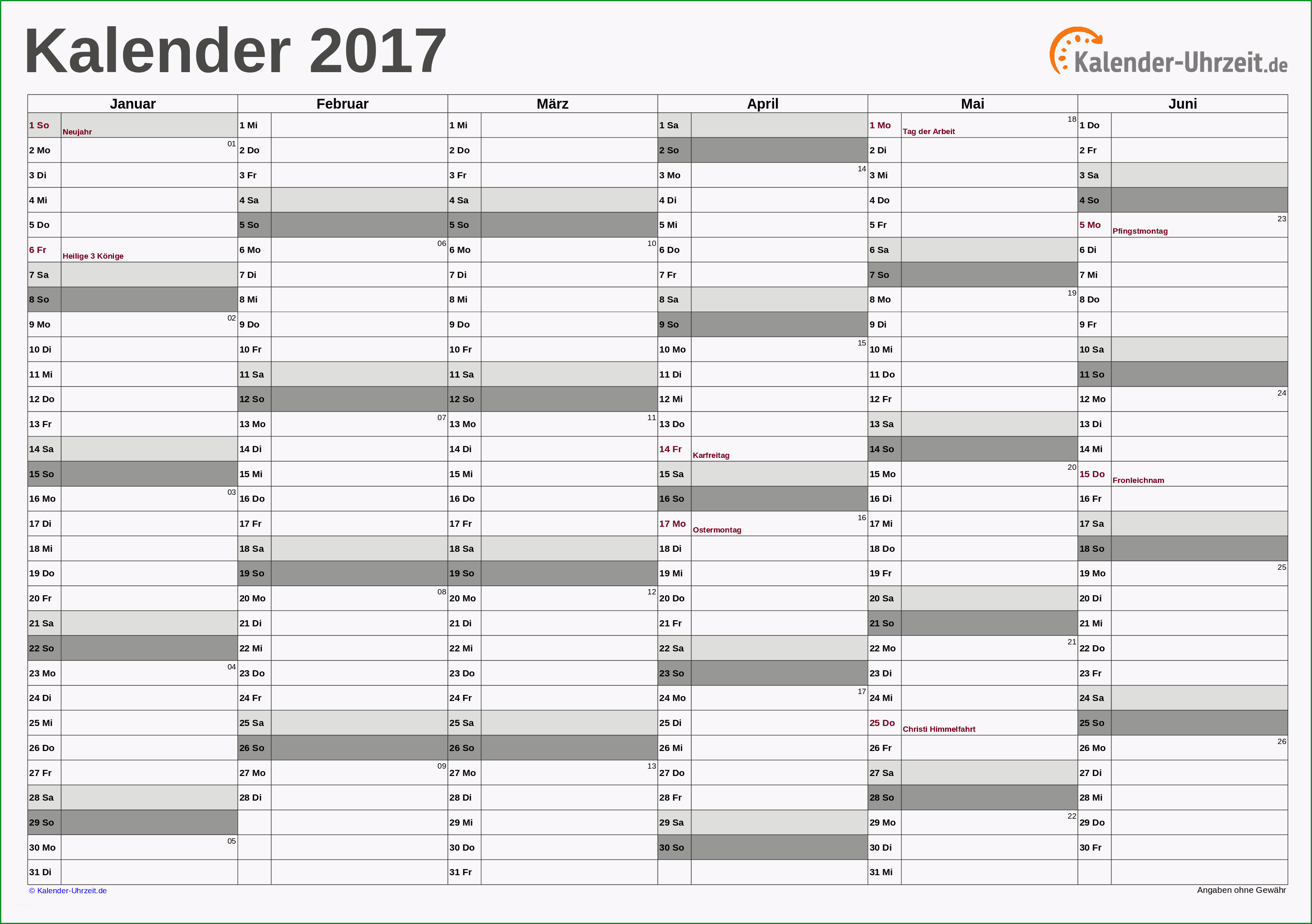 Fantastisch Excel Kalender 2017 Kostenlos