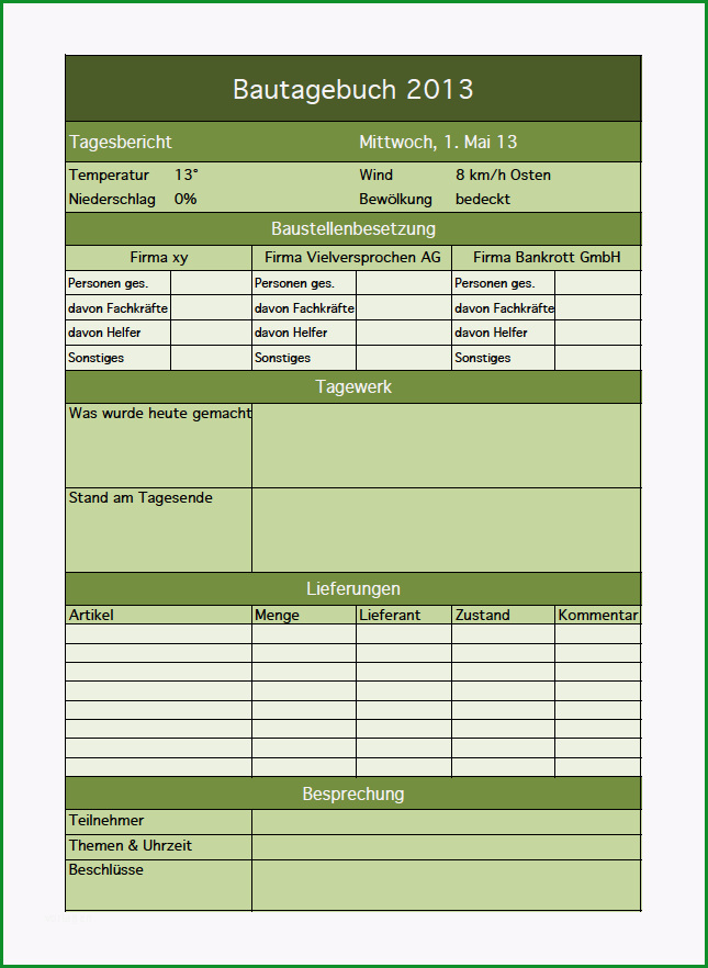 bautagebuch als excel vorlage