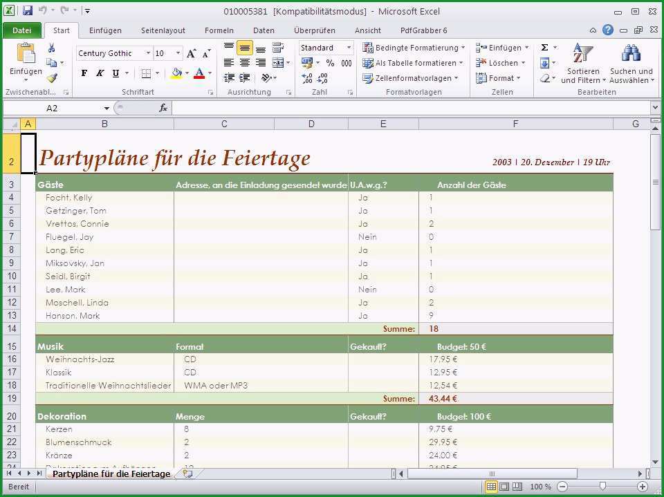 Fantastisch Excel Vorlage Partyplaner Download Chip