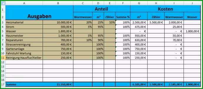 nebenkostenabrechnung vorlage excel