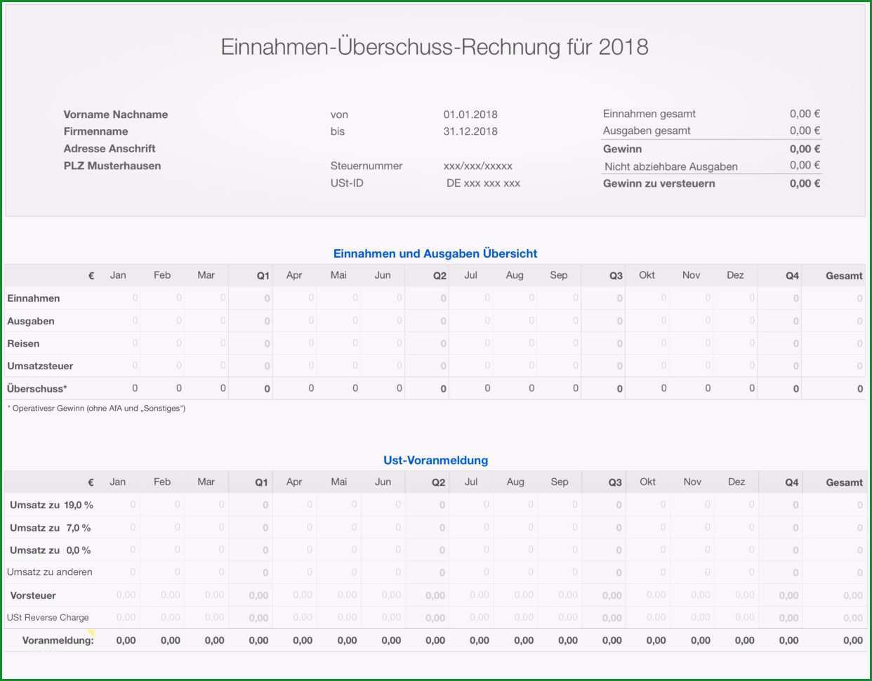 numbers vorlage einnahmen uberschuss rechnung eur 2018 innerhalb einnahme uberschuss rechnung