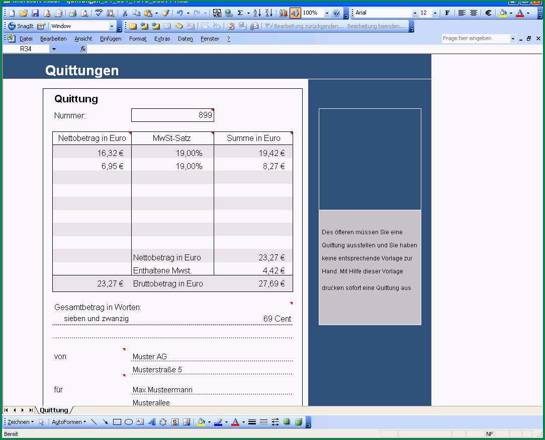 quittung in excel