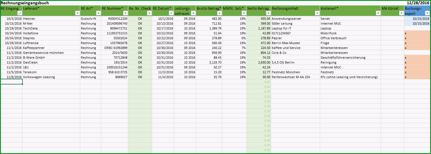 rechnungseingangsbuch als excel vorlage mit datev export