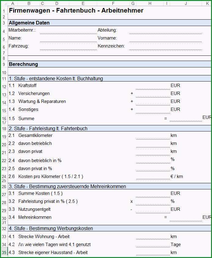 Vorlage Formular fuer Dienstreiseantrag Reisekostenabrechnung und Privatzung PKW fuer Arbeitnehmer