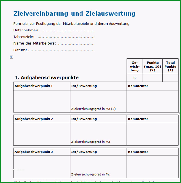 vorlage zielvereinbarung und zielauswertung