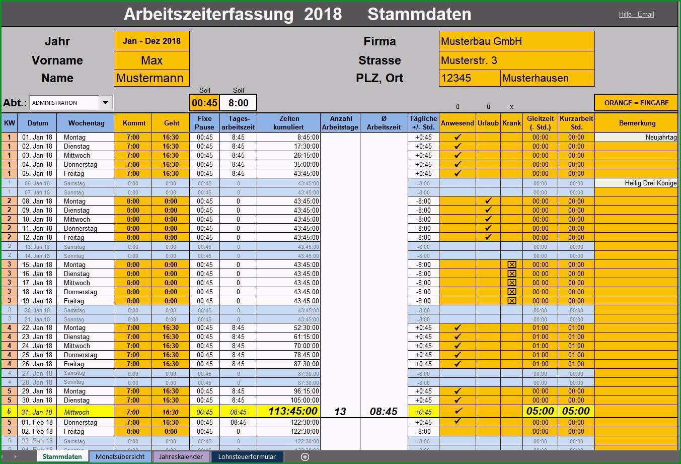 Excel Tool Arbeitszeiterfassung 2018 Fixe Pause