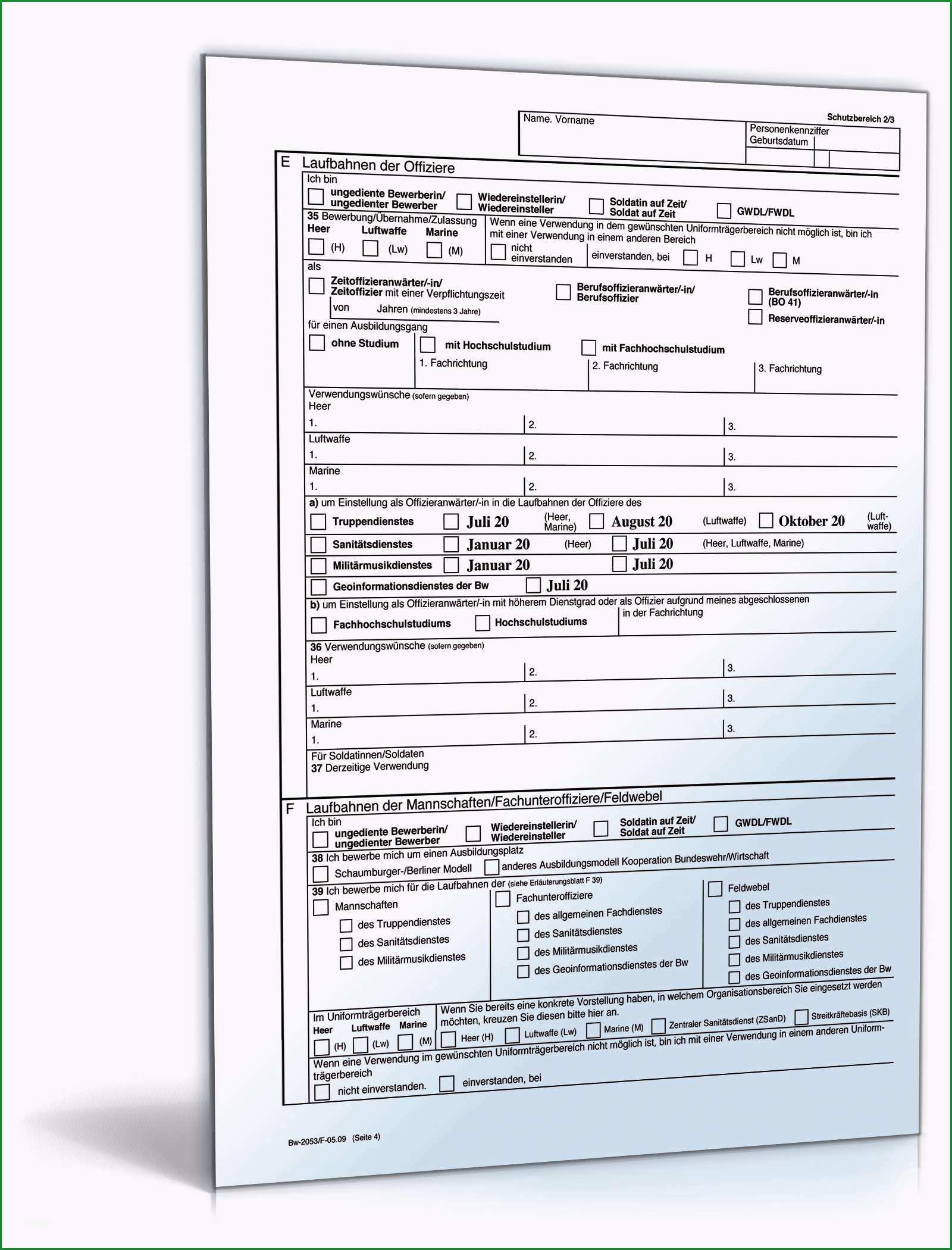 bewerbungsbogen fuer den freiwilligen nst in der bundeswehr