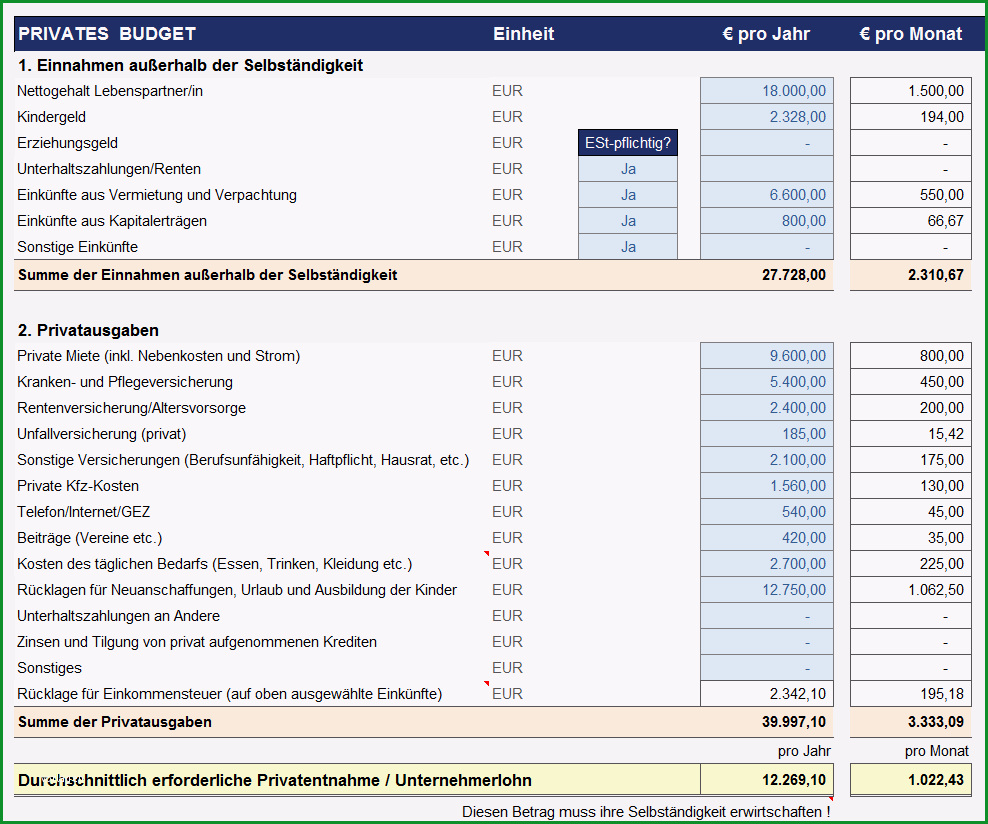 Preiskalkulation fuer Selbstaendige mit Excel Produkte u Dienstleistungen