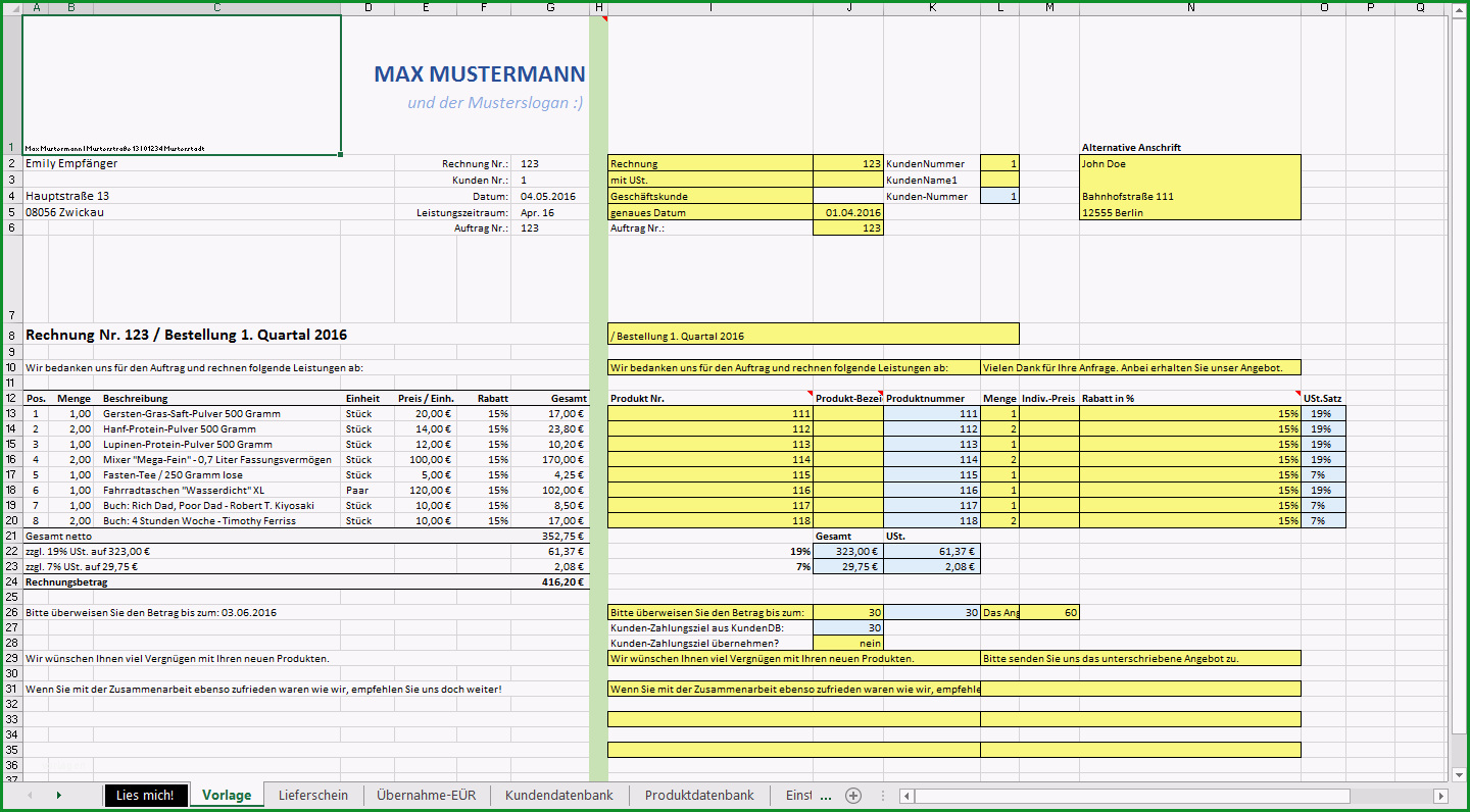 excel vorlage erstellung angebot rechnung produktdatenbank kundendatenbank