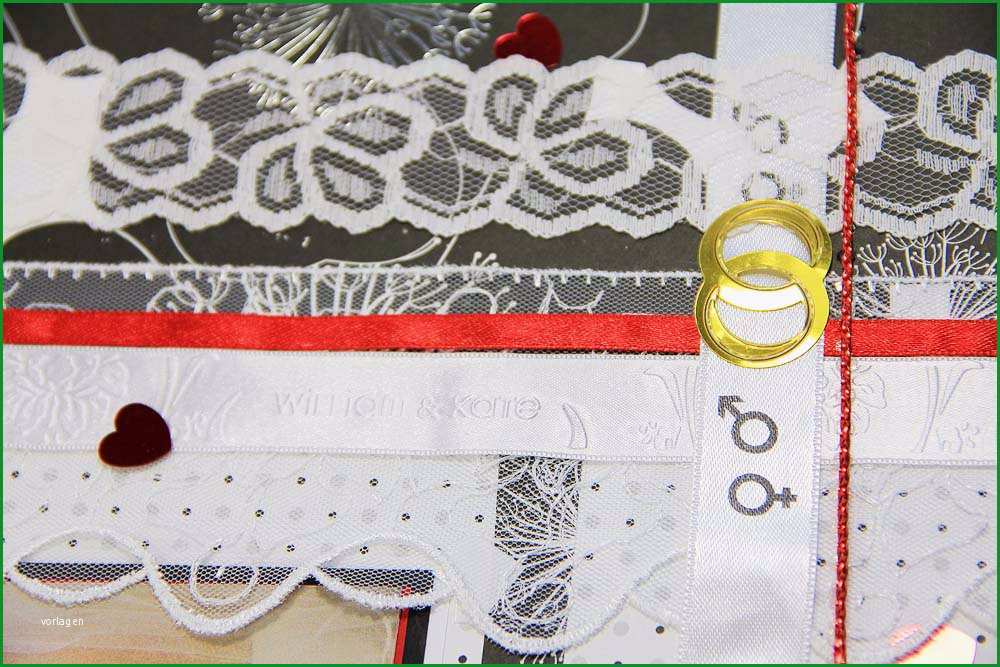 fotoalbum basteln machen hochzeitsalbum seite gestalten hochzeitsbuch ideen scrapbooking wedding geschenkbaender satinbaender bedruckt