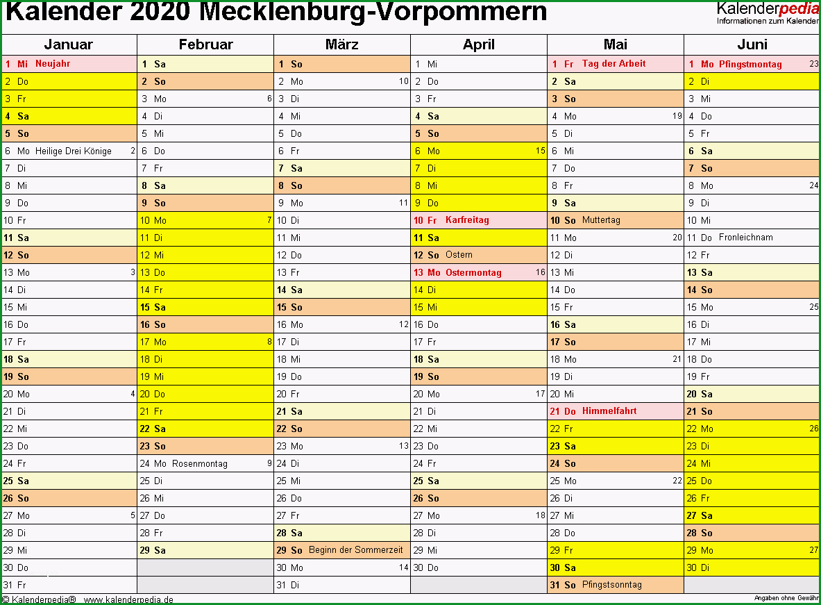 kalender 2020 mecklenburg vorpommern excel vorlagen