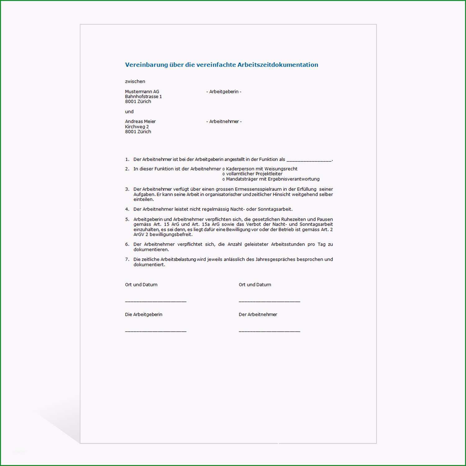 muster vereinbarung arbeitszeitdokumentation