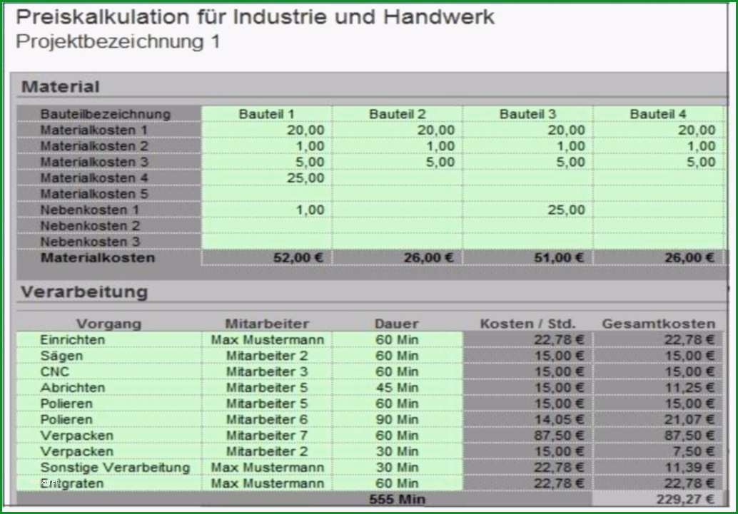 Preiskalkulation fuer Industrie und Handwerk