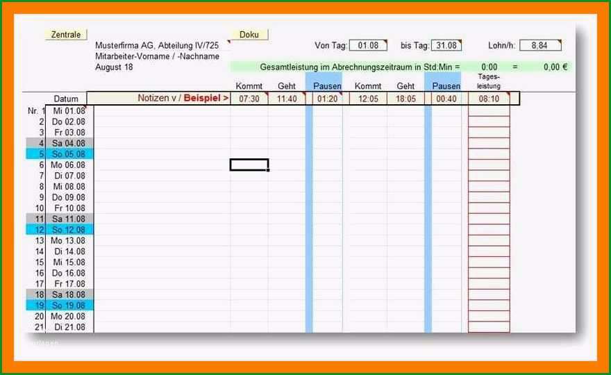 7 arbeitszeitnachweis excel vorlage kostenlos 2017
