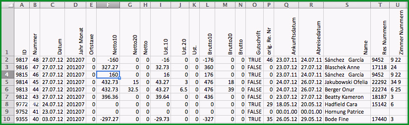 excel export hotelrechnungen