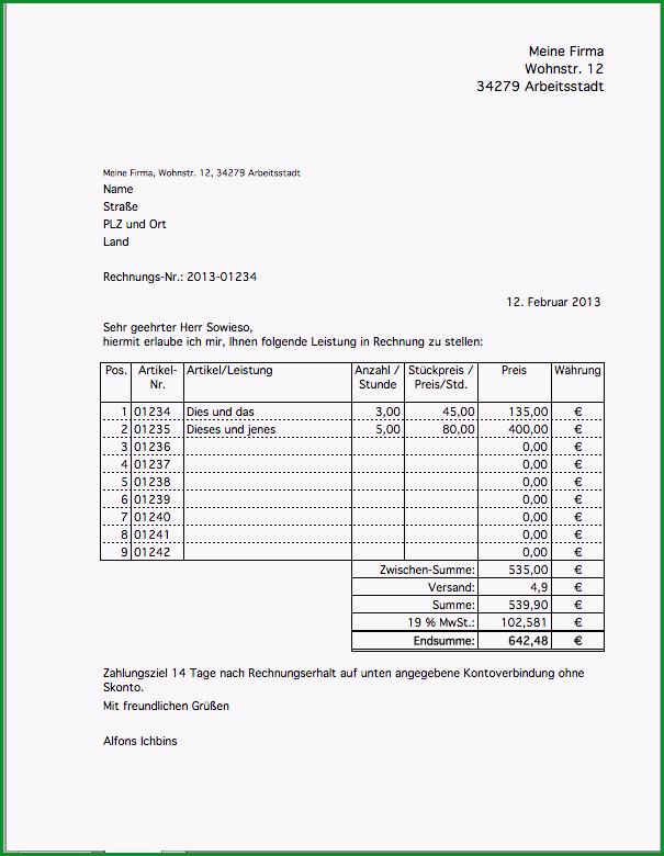 excel vorlage fur rechnung