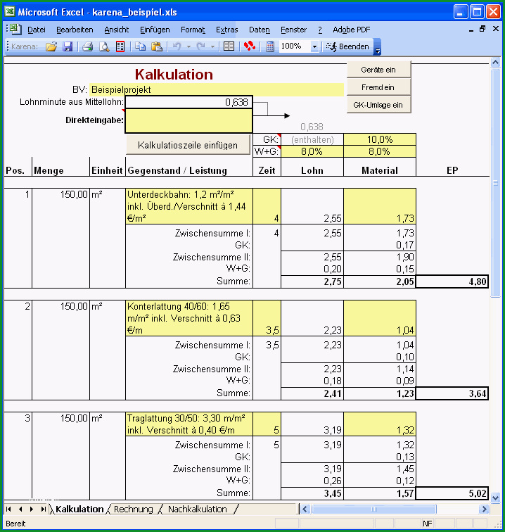 excel vorlagen handwerk kalkulation kostenlos