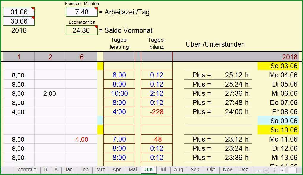 Großartig Excel Zeiterfassung 2018 Stundenkonto Arbeitszeitkonto