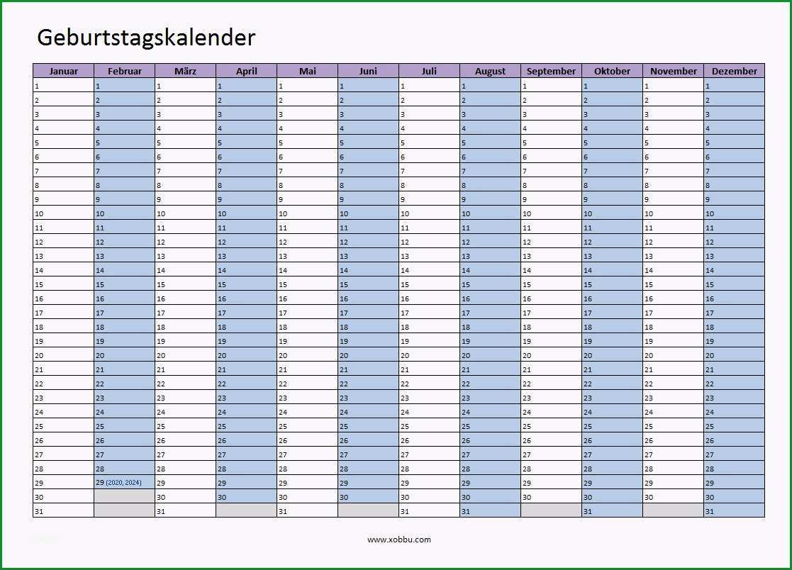Großartig Geburtstagskalender Zum Ausdrucken Pdf Excel - Kostenlos Vorlagen