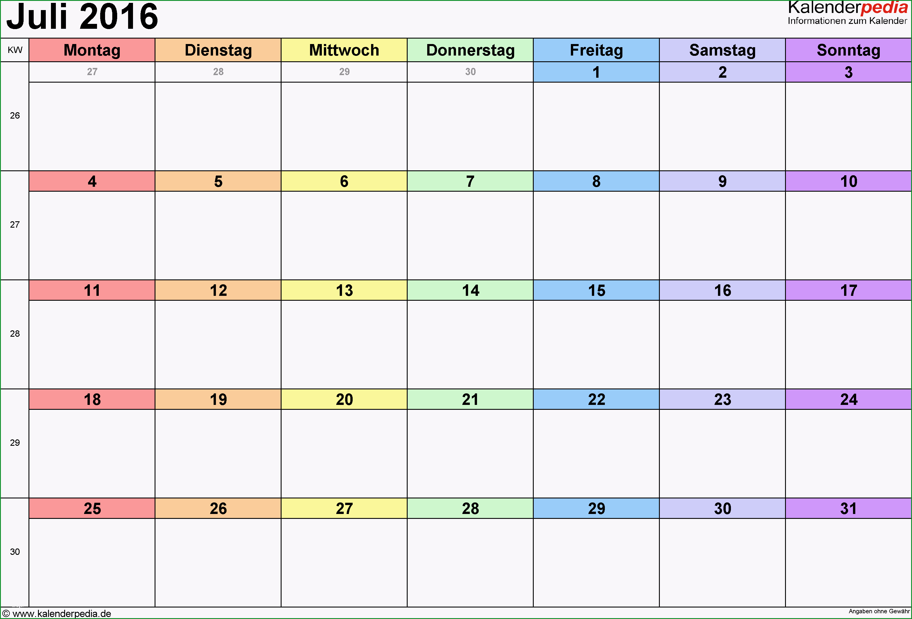 kalender juli 2016 excel vorlagen