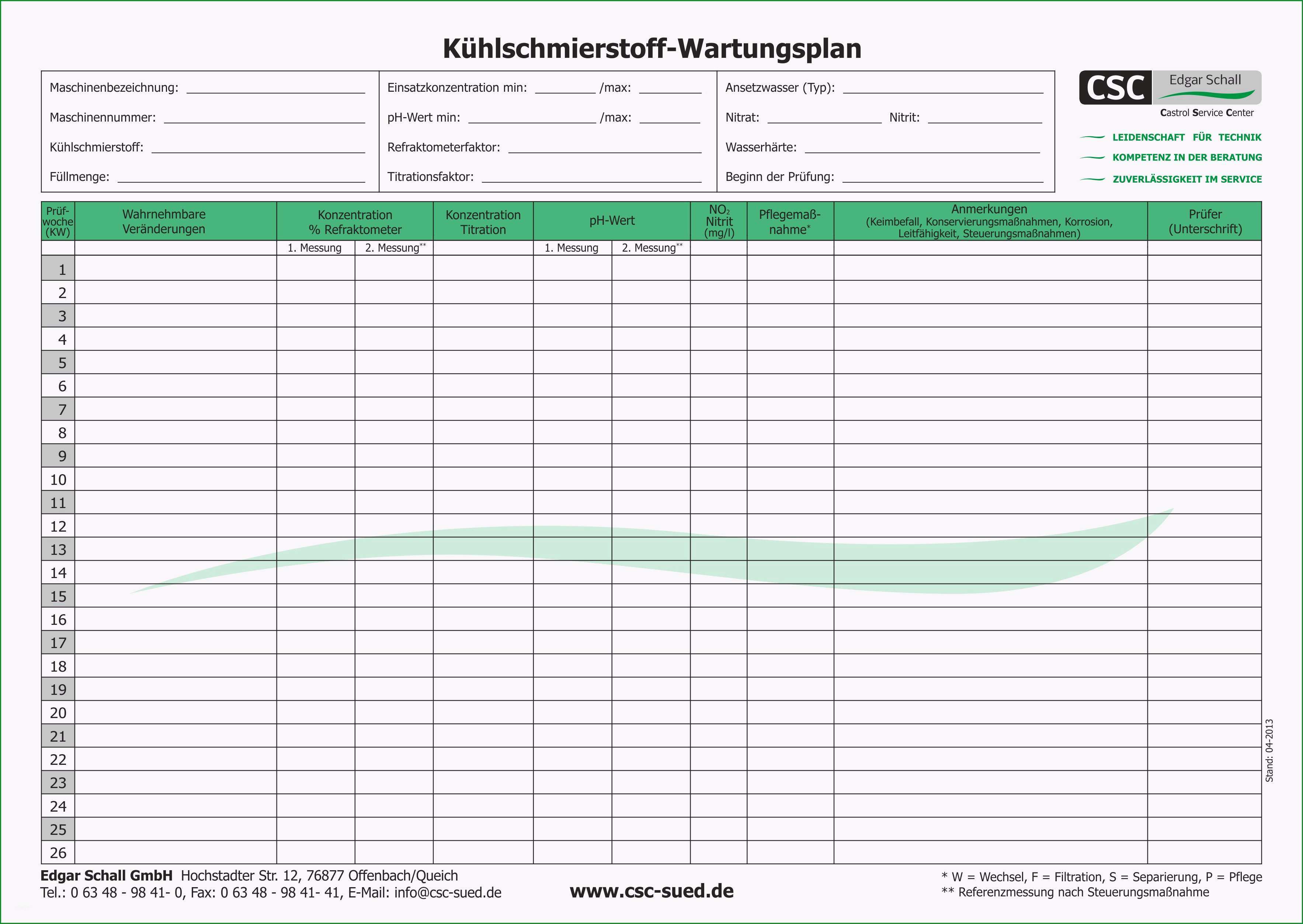 maschinen wartungsplan vorlage excel