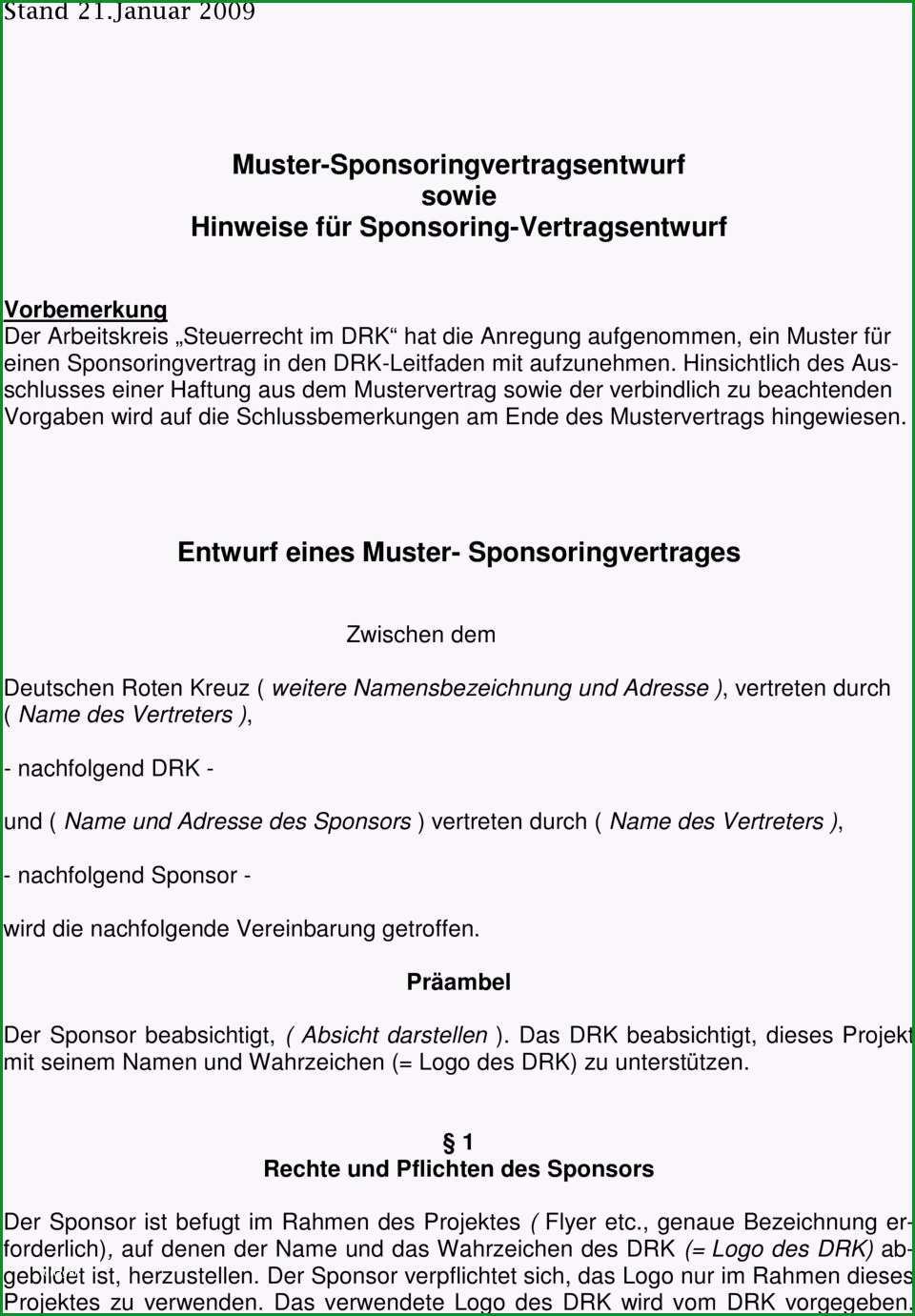 Muster sponsoringvertragsentwurf sowie hinweise fuer sponsoring vertragsentwurf entwurf eines muster sponsoringvertrages