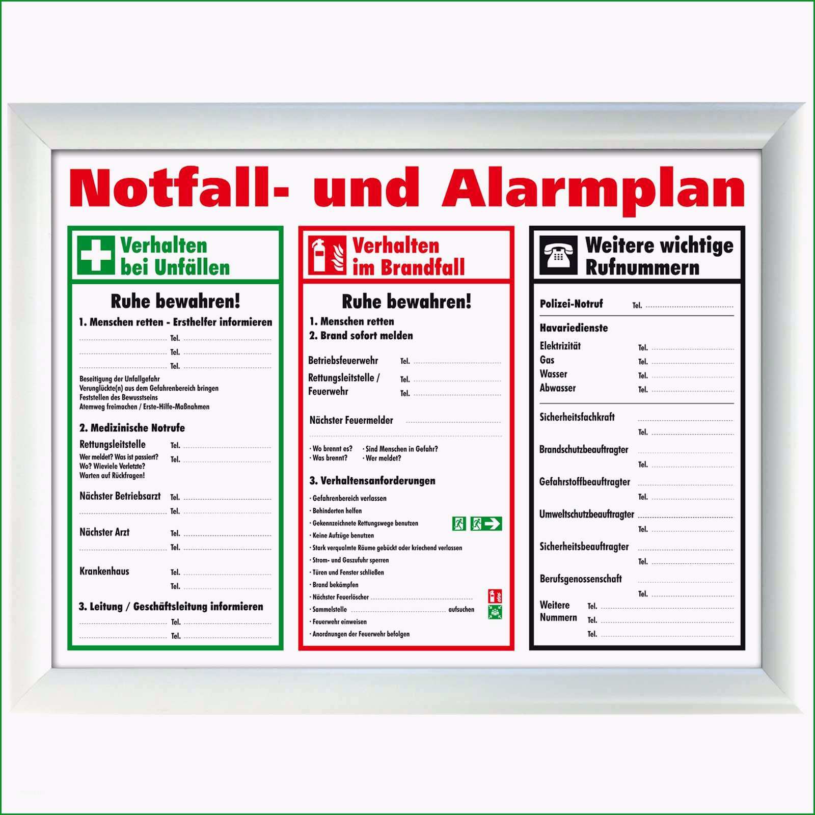 schild aushang notfallplan alarmplan a4 a3 gerahmt zum beschriften