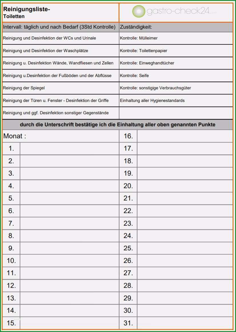temperaturkontrolle gastronomie vorlage schon reinigungsliste toiletten
