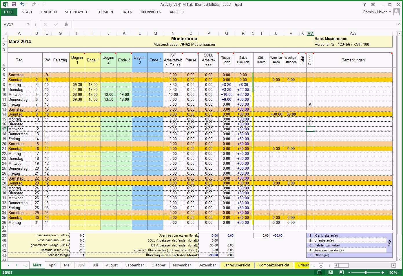 Zeiterfassung in Excel Activity Report