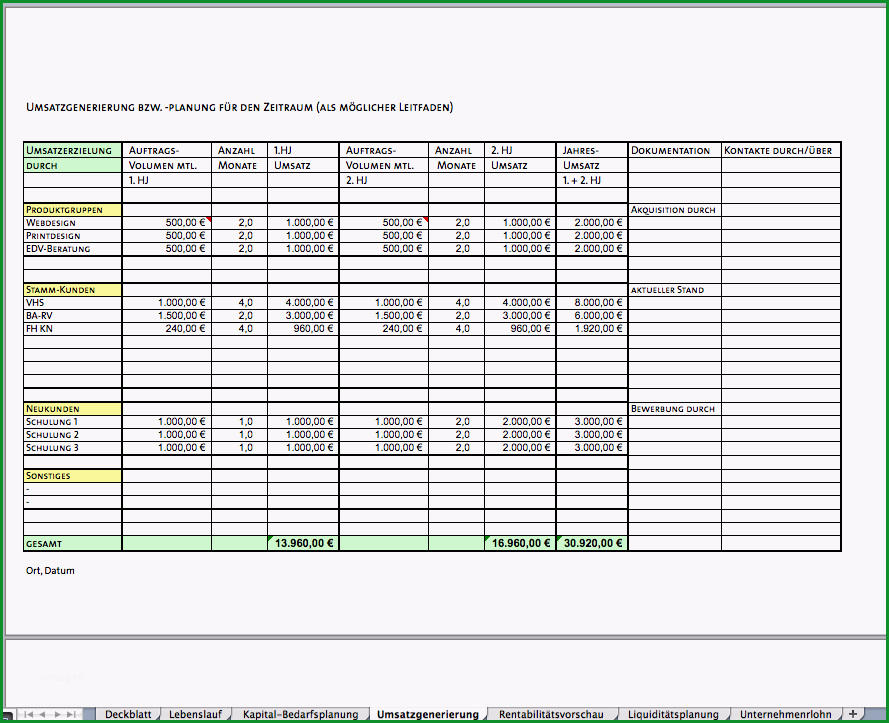 businessplan als excel vorlage