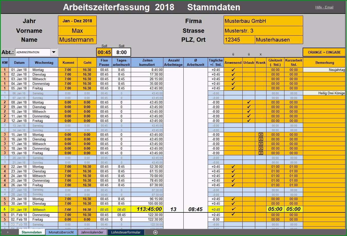 excel vorlage arbeitszeit 2018