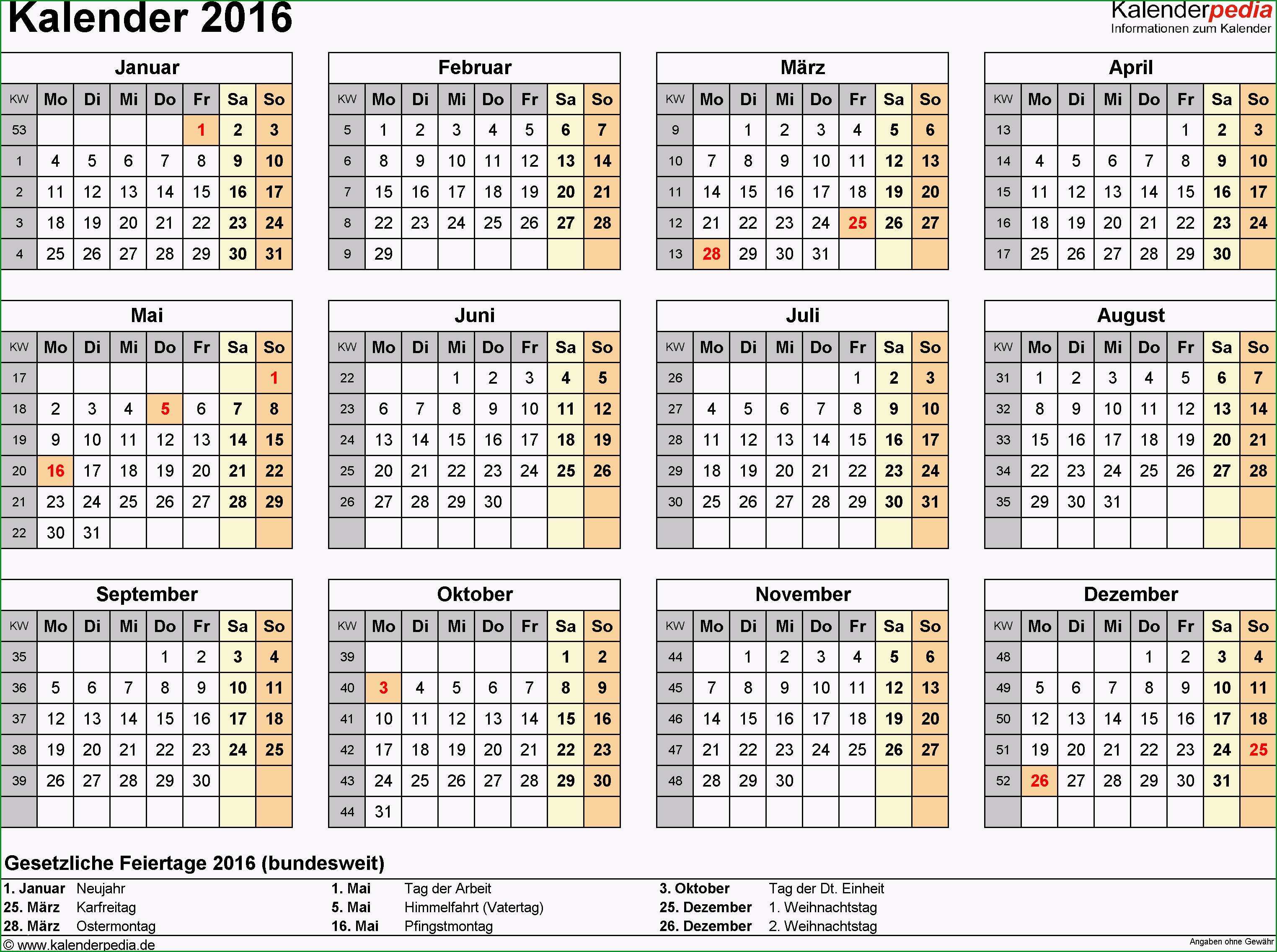 kalender 2016 vorlage kalender 2016 in excel zum ausdrucken 16 vorlagen