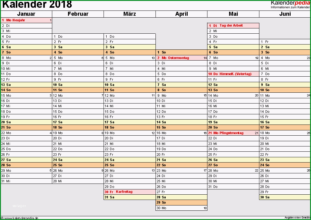 Hervorragen Kalender 2018 Zum Ausdrucken In Excel 16 Vorlagen