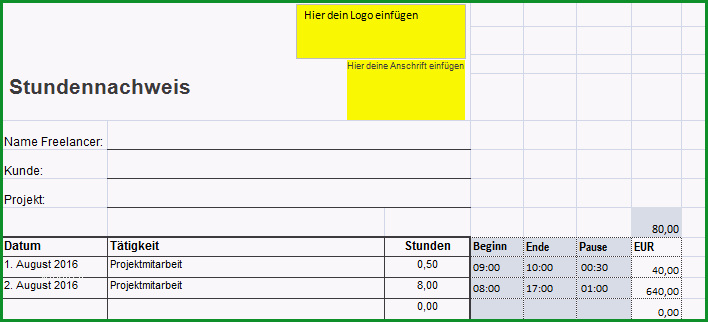 kostenlos einfacher stundenzettel excel