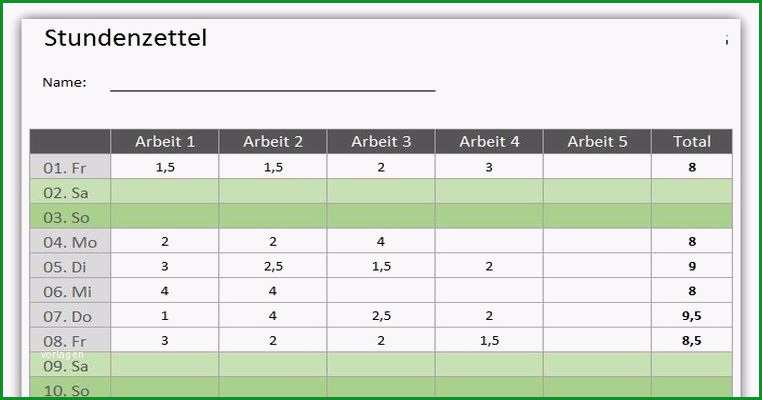 stundenzettel vorlage