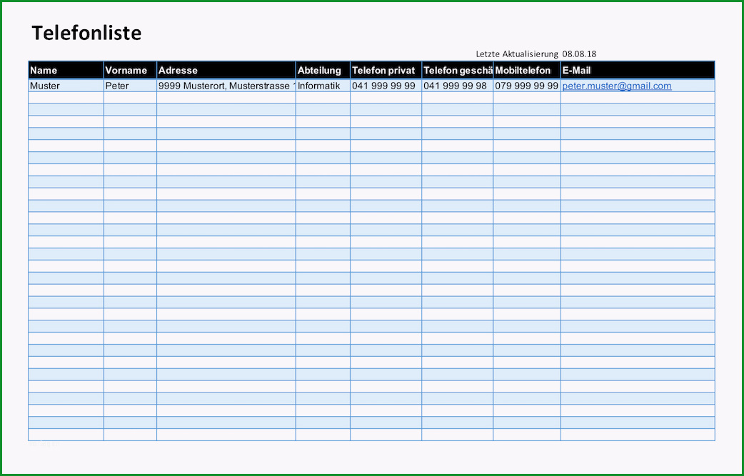 telefonliste vorlage excel kostenlos