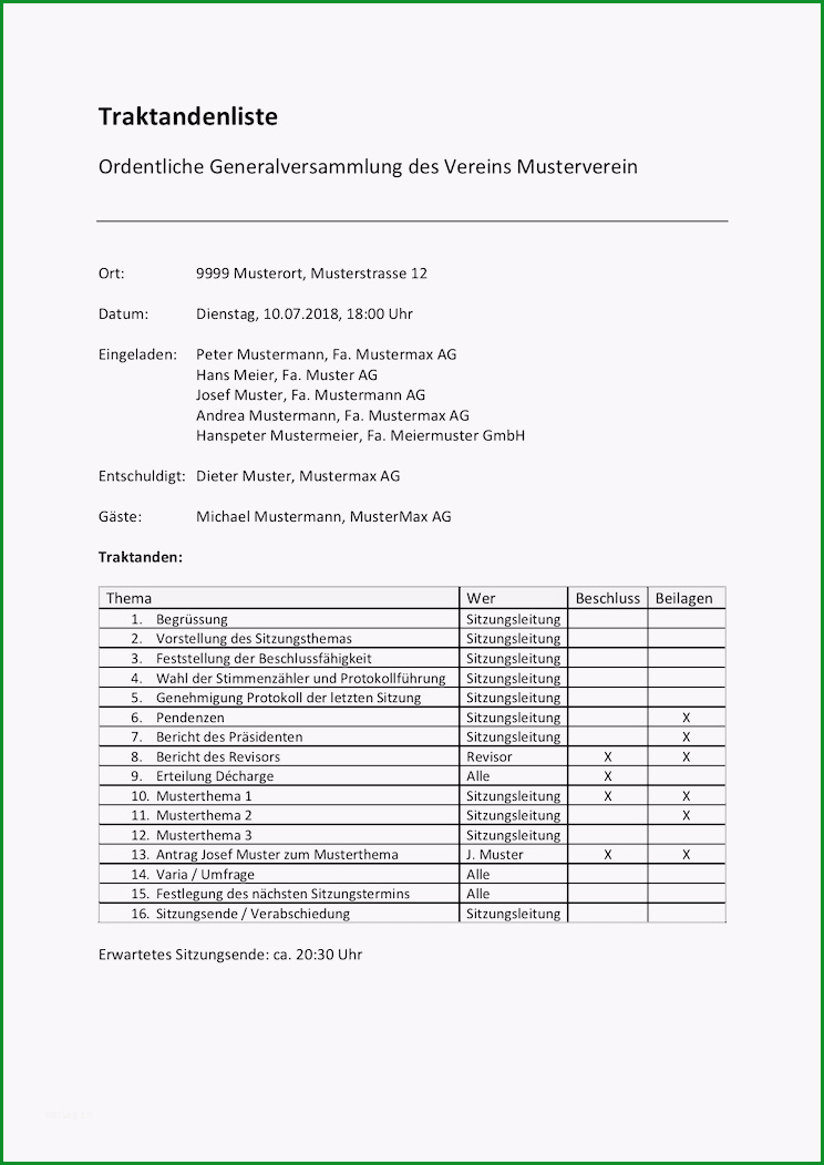 traktandenliste vorlage muster word format