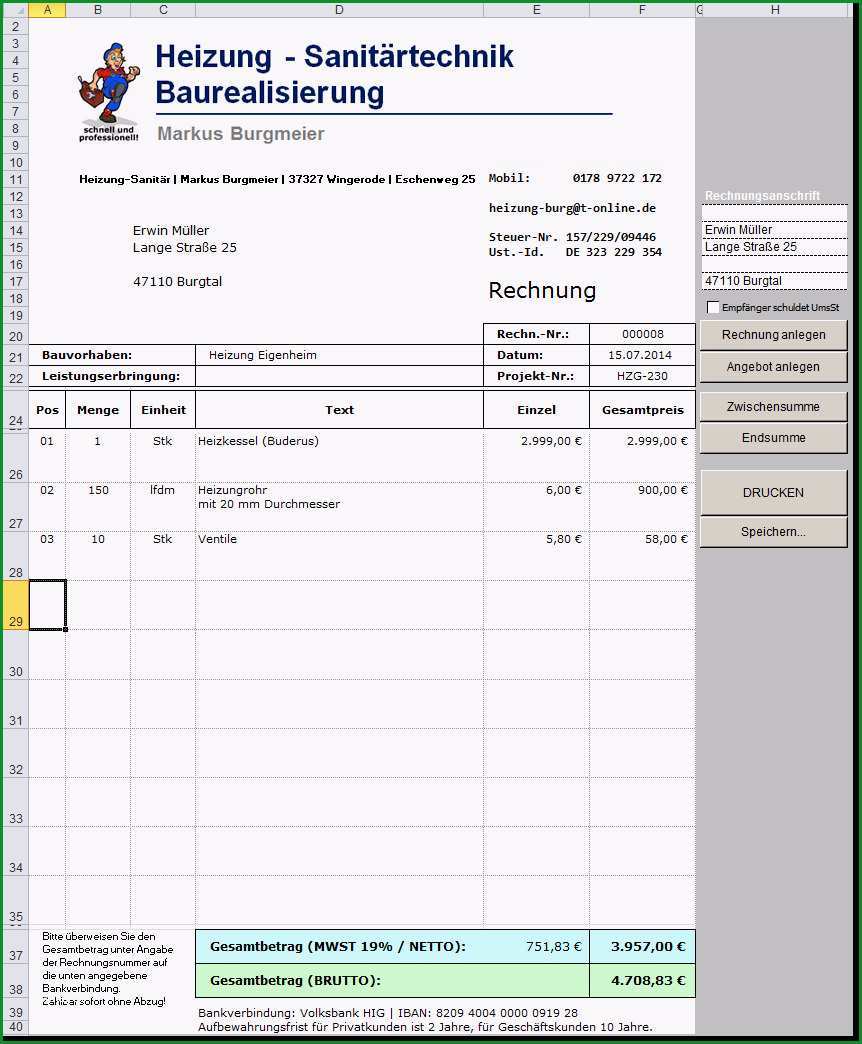 vorlage rechnung excel kostenlos