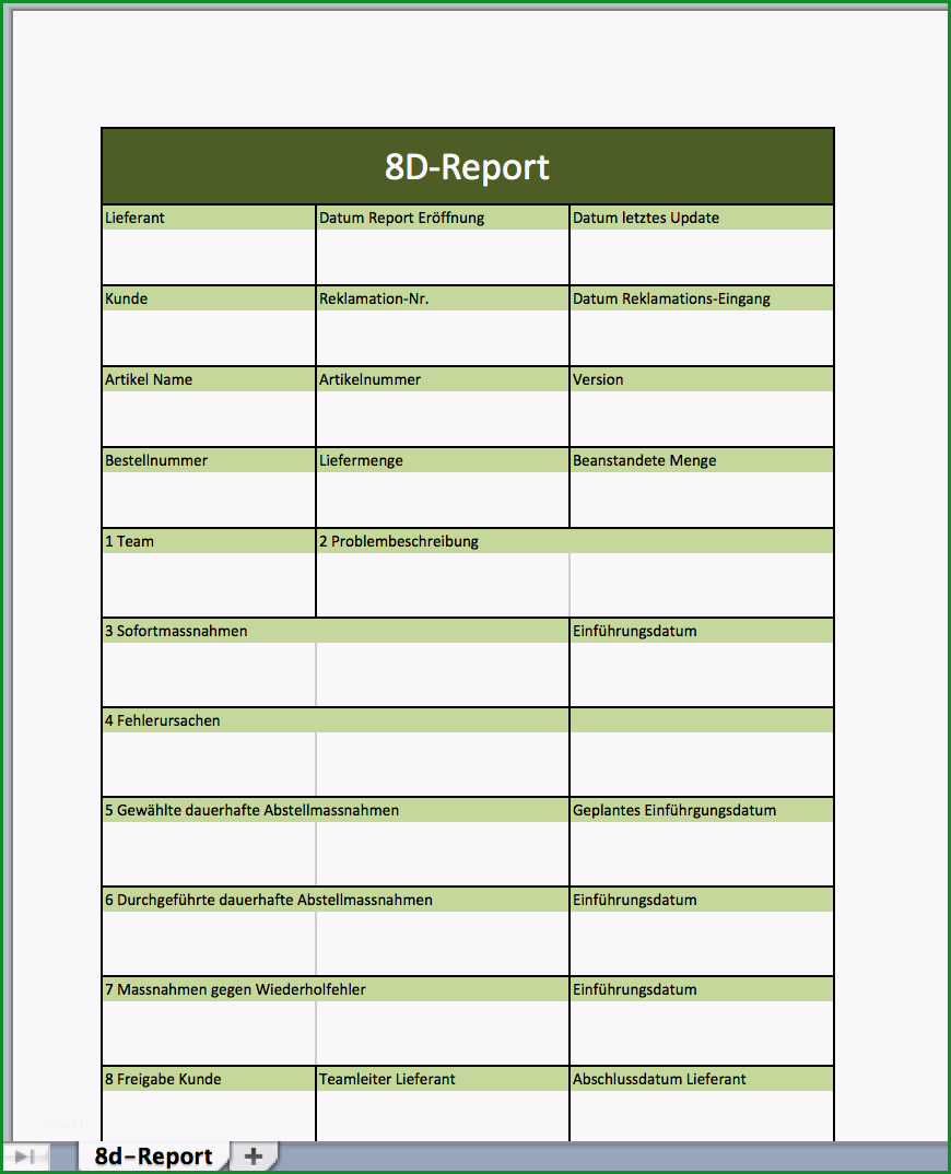 8d report mit einer excel vorlage
