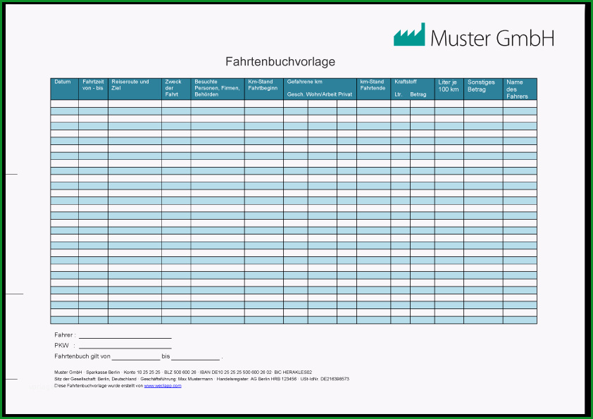 fahrtenbuch vorlage excel