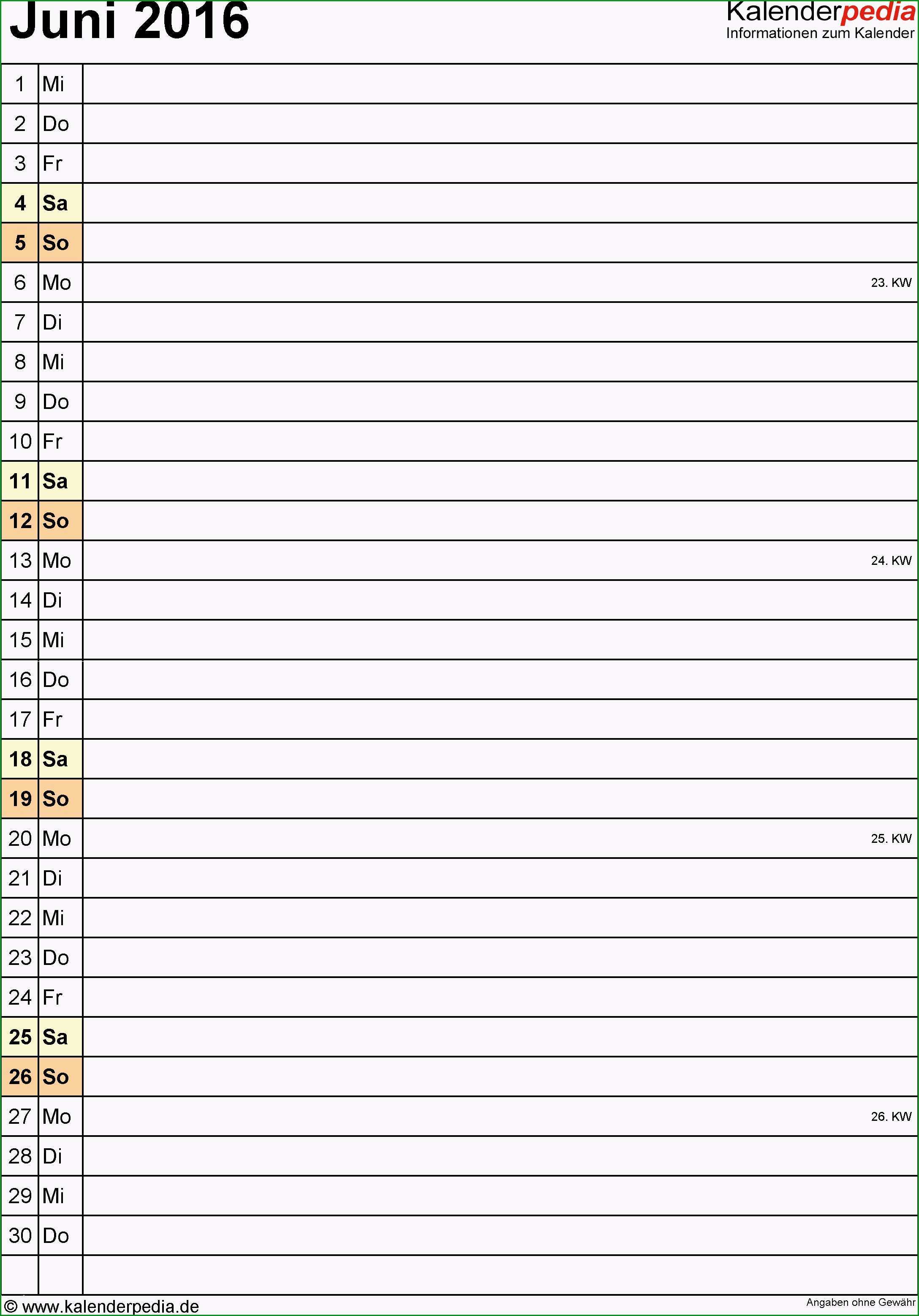 kalender vorlage gute kalender juni 2016 als excel vorlagen regarding kalendervorlage 2016